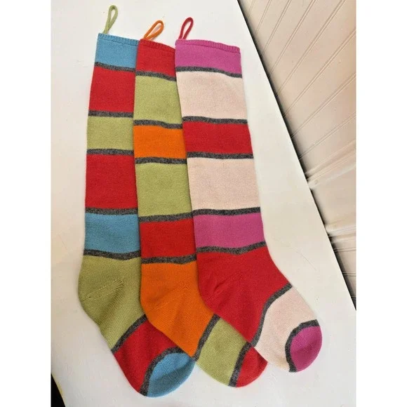 Garnet Hill Cashmere Christmas Stocking Set Of‎ 3 Large Striped Mantel Decor