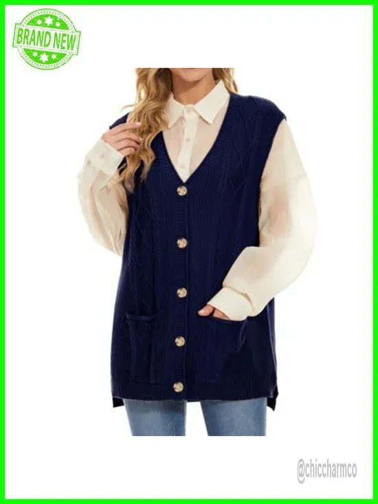 Long Cable Knit Sweater Vest Sleeveless V Neck Loose Fit Casual Top