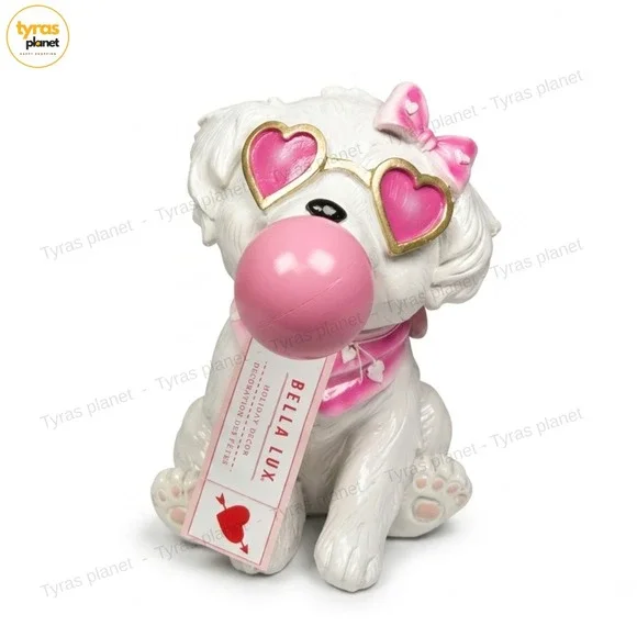 BELLA LUX Little White Dog Pink Bubble Hearts Bow Coquette Valentines Decor