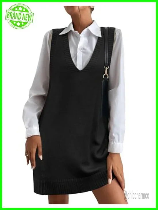 Oversized V Neck Sleeveless Knit Pullover Vest with Pockets