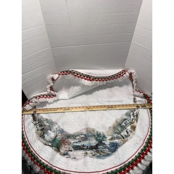 Vtg 80s RENNOC White Felt‎ CHRISTMAS TREE SKIRT / Tablecloth Winter Sleigh Ride
