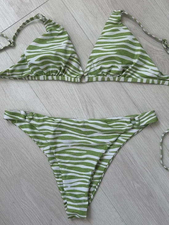 Green Zebra Print Triangle Bikini Set | Size M