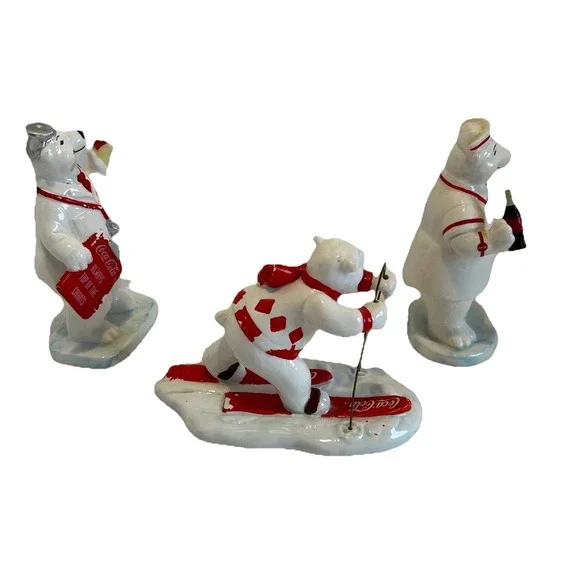 Vintage 1995 Coca-Cola Polar Bear Figurine Set‎ Enesco Skiing Doctor Nurse