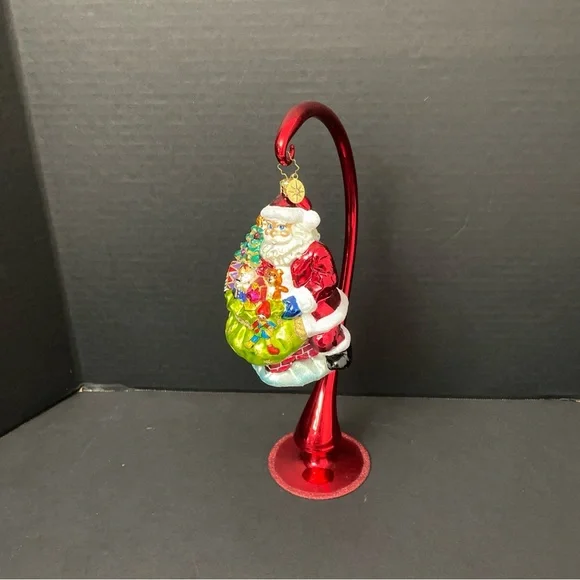 Christopher Radko Deluxe Delivery Blown Glass Santa Claus &‎ Red Glittery Stand