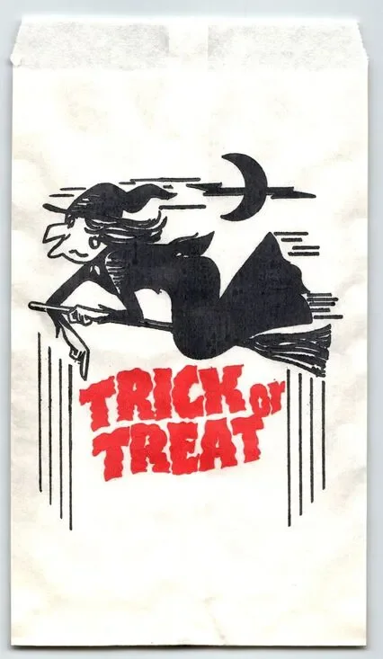 Trick Or Treat Halloween Candy Goodie Bag Flying Witch On Broom Crescent Moon