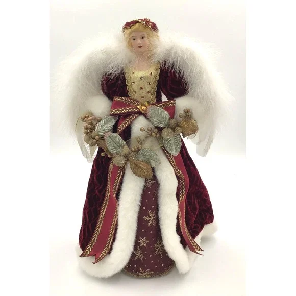 Porcelain Angel Tree Topper Centerpiece Burgundy Velvet Gold 16