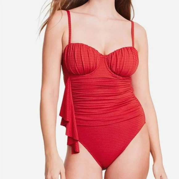 RHODE Ruched Tummy Embossed Dot Ruffle Red One Piece Swimsuit