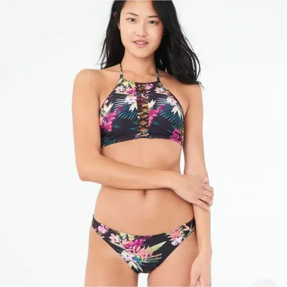 Aeropostale LLD 90B‎ Tropical Floral Bikini Black Floral Bottom Top M Bottom L