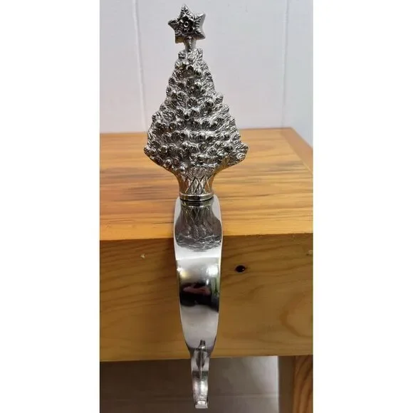Christmas Tree Holiday Stocking Hanger Holder Silver‎ Heavy Brass