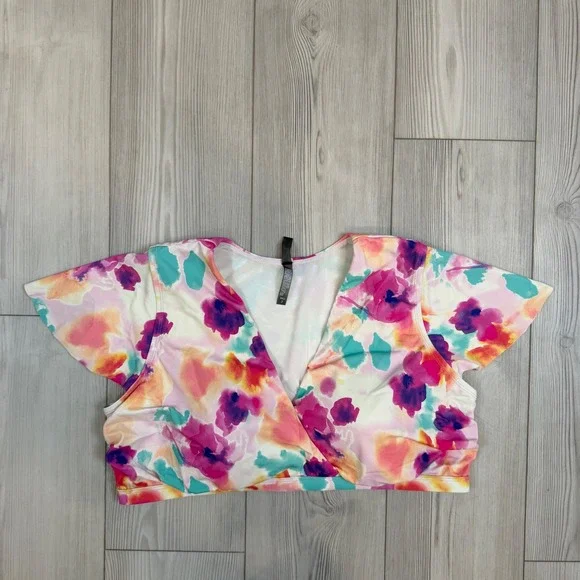 Torrid Watercolor Floral Flutter Sleeve Bikini Swim Top Pink Purple Size 3 Plus