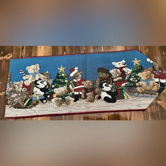 Beary Christmas Holiday Teddy Bear Tapestry Table Runner‎ 13”x72” EUC