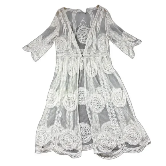 Liv Los Angeles Women Sheer Kimono Swim Cover Lace Open Tie Front Ivory LG L126