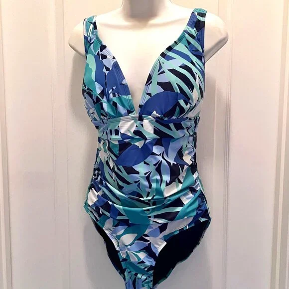 Kathy Ireland-NWT-One Piece Swimsuit-Sz. 10-Navy Blue/Seafoam-Tropical-Tummy Con