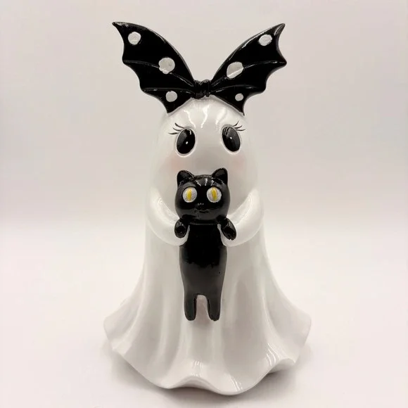 Halloween Ghost Figurine with Black Cat and Bat Wing Bow Decor