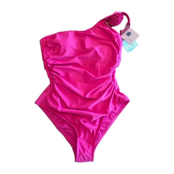 Pink Rosette One Shoulder Tummy Control One Piece Swimsuit Size L (247)