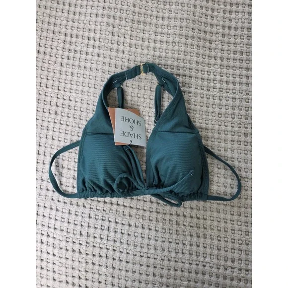 Shade & Shore Bikini Top Womens XS Green Ribbed Triangle Halter NEW Swim (318)
