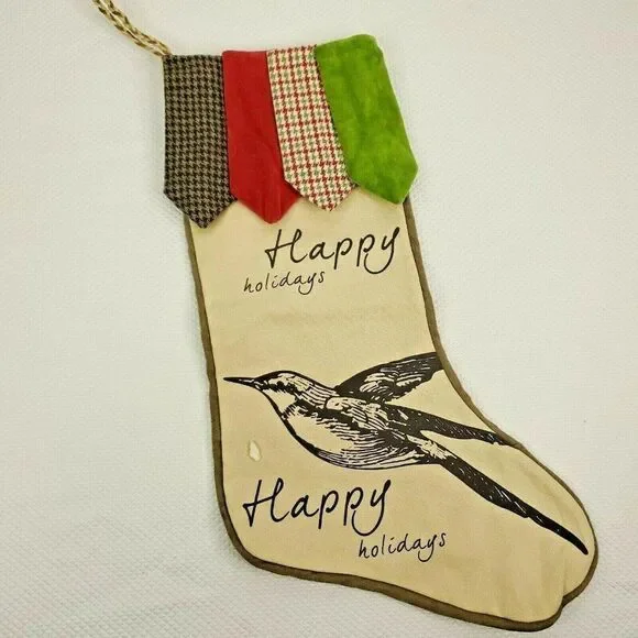 Pier 1 Christmas Stocking Beige Bird Happy Holiday