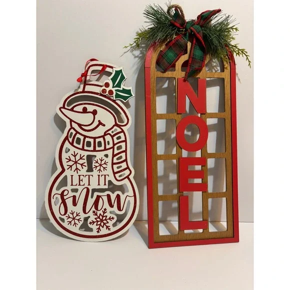 Christmas Wall Decor Set Let It Snow Snowman and Noel Wooden Plaque Signs Red