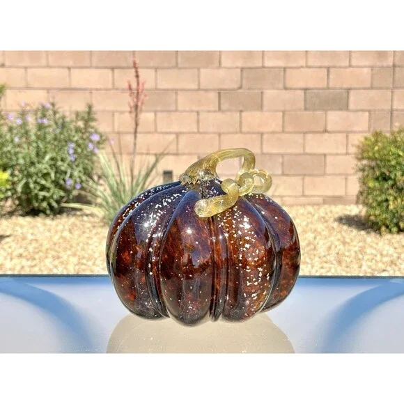Large Amber Gold Brown Glass Pumpkin w/ Silver Sparkles & Ribbed Gold Stem 7.5