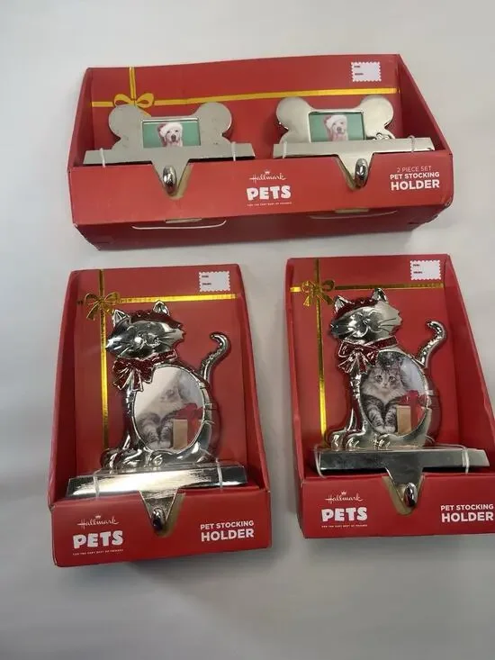 Hallmark Pets Christmas Stocking Holders Cat Dog Bone Set Lot of 4 NIB