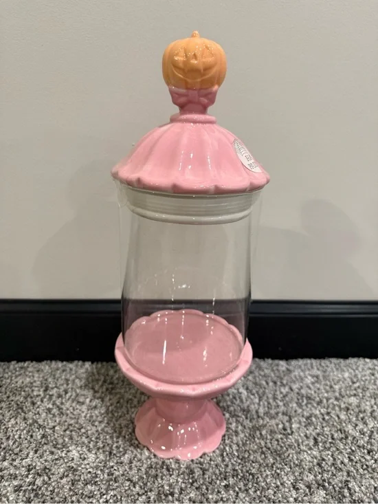 Halloween Pink Pumpkin Glass Candy Jar fall season 13” tall ceramic hand painted
