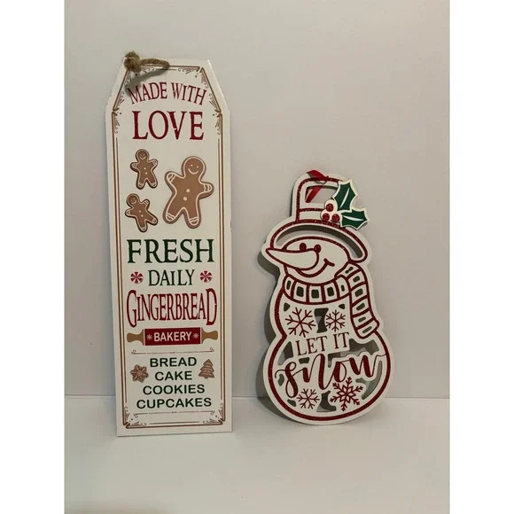 Christmas Wall Decor Set Gingerbread Bakery Sign and Let It Snow Snowman 2pc