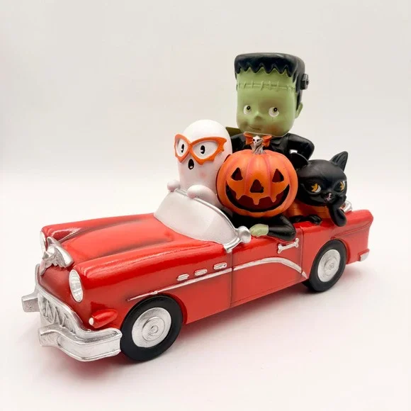 Halloween Retro Style  Frankenstein Ghost Black Cat Red Car Light Up