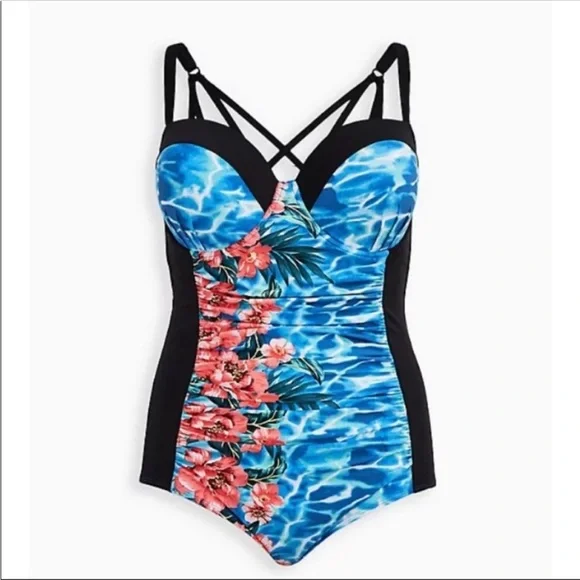 NWT torrid water print lattice back strappy swimsuit