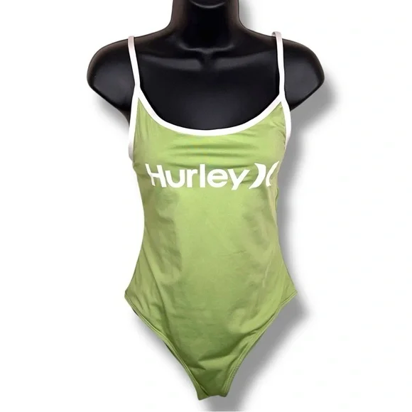 Medium Hurley One Piece Swimsuitight Green White Trim Stretch Beach Vacation