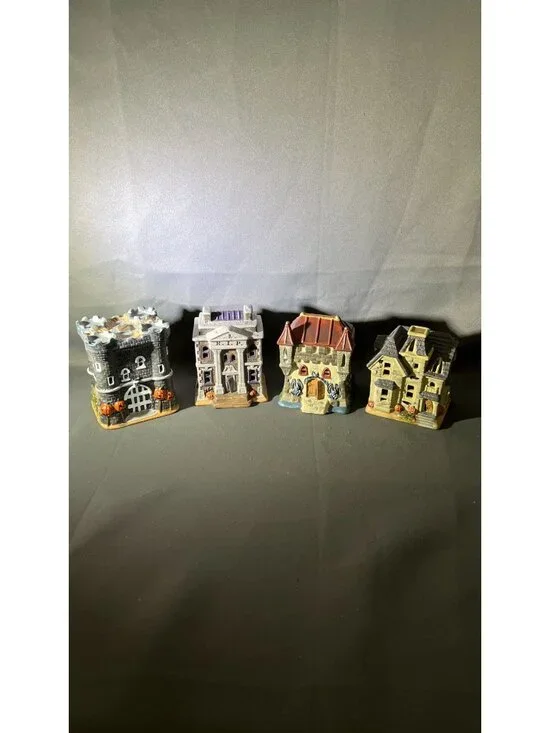 Set Of 4 Halloween Ceramic Haunted Houses With Spooky Details!