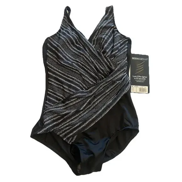 NWT Miraclesuit Silver Grey Oceanus One Piece Swimsuit‎ Size 12 Metallic Striped