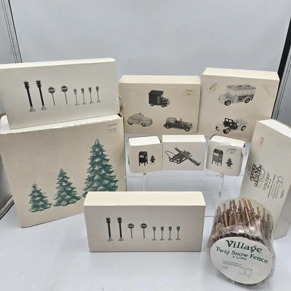 Vtg Dept 56 Mixed Village Lot Trees Cars Mailbox Utilities Christmas Accessories