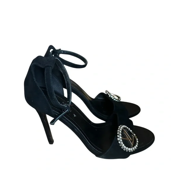 Louis Vuitton Crystal Logo Cherie suede black sandal heels RETAIL 1500
