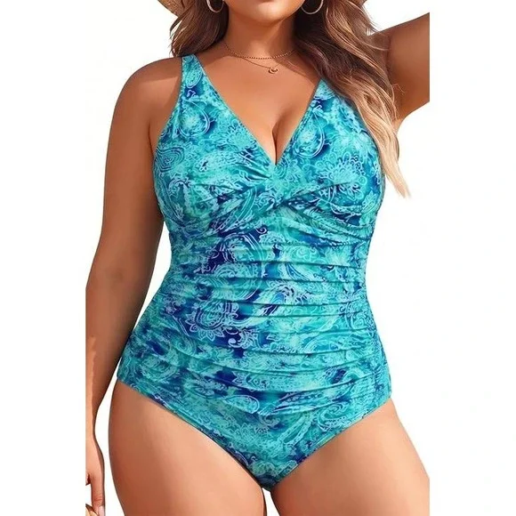 Yonique Women Plus Size 20W Teal Paisley Ruched Tummy Control One Piece Swimsuit