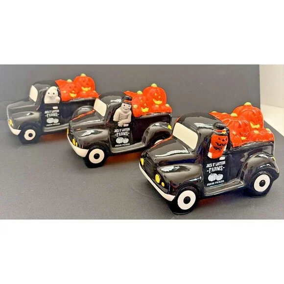 Mr. Halloween Set of 3 Ceramic LED Trucks Ghost Skeleton Jack O' Lantern NWOB