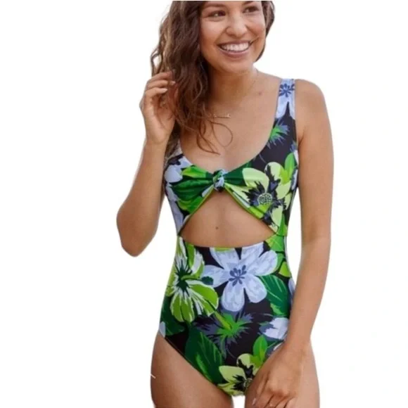 Aerie Knot One Piece‎ Swimsuit green blue floral Sz M
