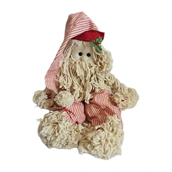 Santa Claus Mop Doll Christmas Folk Art Collectible Red‎ White Overalls Holiday