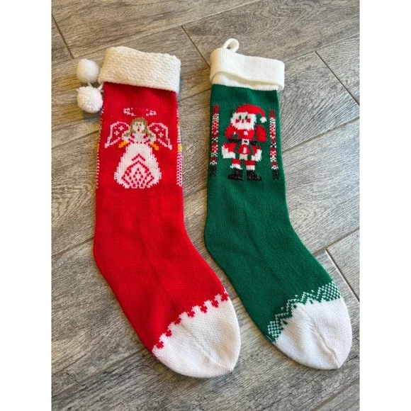 Christmas Stockings Lot of 2 Hand Knit Holiday Angel Santa Holiday Gift Stocking
