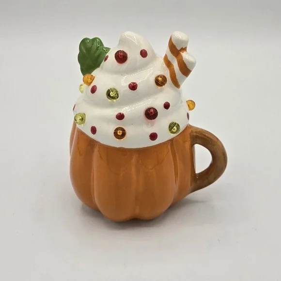 Pumpkin Latte LED Light Up Ceramic Mug Whipped Cream Fall‎ Orange Autumn Decor
