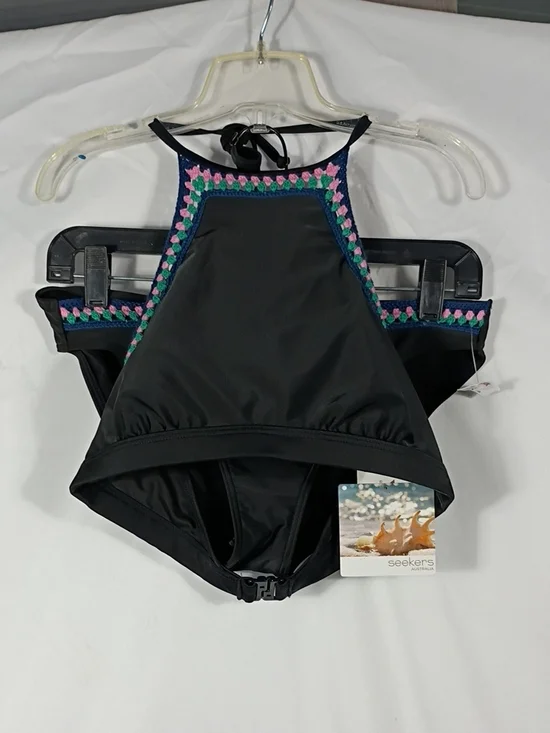 NWT Seekers Australia High Neck Black Bikini with Pink & Teal Trim Womens Sz 10