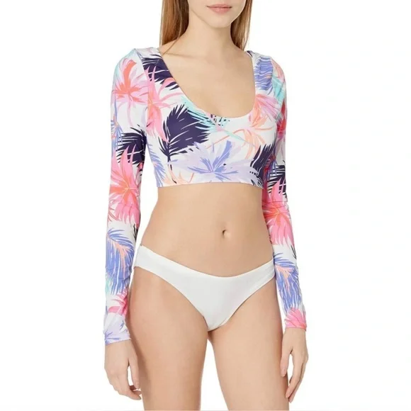 Hobie Crop Rashguard Swim Top Tropical Long Sleeve Lace Back UV Surf Size XL