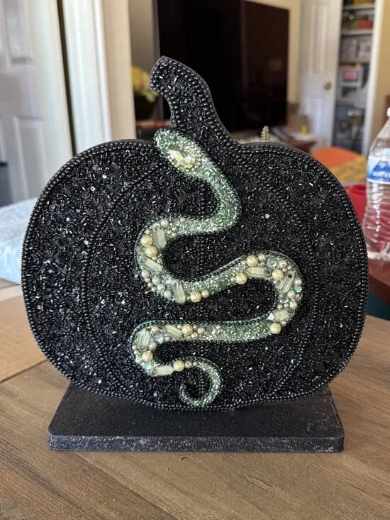 Embellished Halloween Tabletop Decor, Black Pumpkin With A Green Snake - India