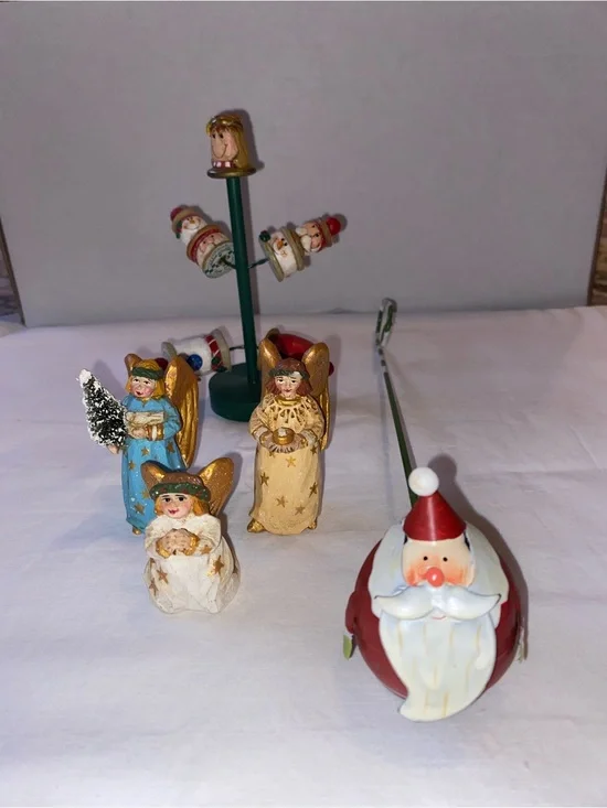 Hand-Painted Holiday Set: 3 Angels; 1 Thimble tree; 1 Santa candle snuffer