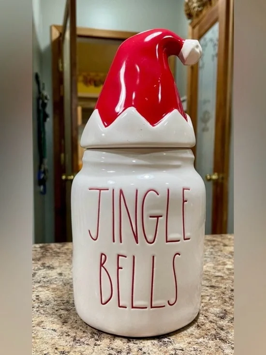 Rae Dunn Jingle Bells' Ceramic Cookie Jar. EUC. No cracks