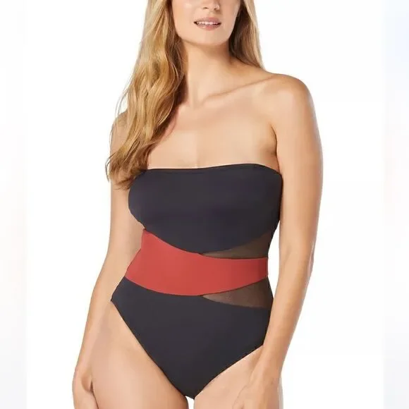 Coco Reef Women's Contours Bandeau Mesh Tummy-Control One-Piece Swimsuit Spice