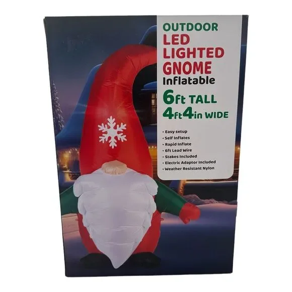 6 FT Christmas Inflatable Gnome Red Santa‎ Hat Elf LED Lighted NEW