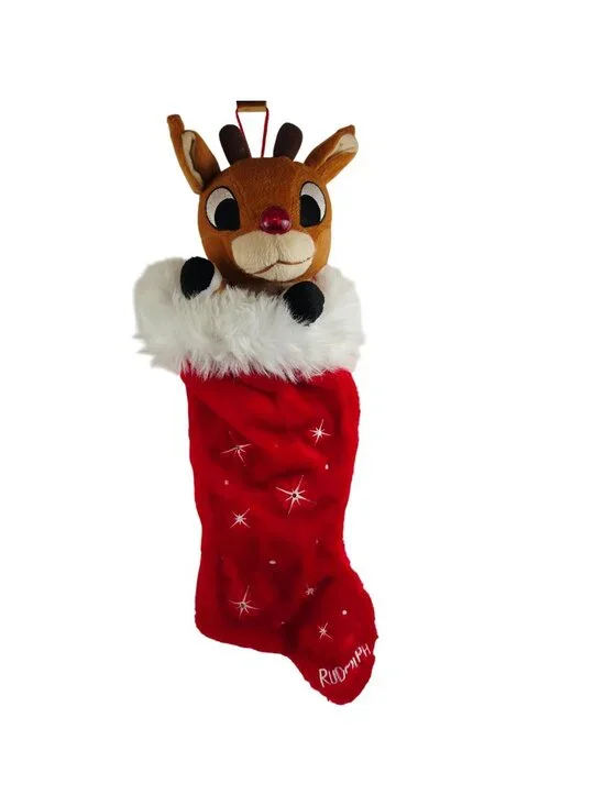 Rudolph The Red Nosed Reindeer Stocking Christmas Bells Embroidered Vintage