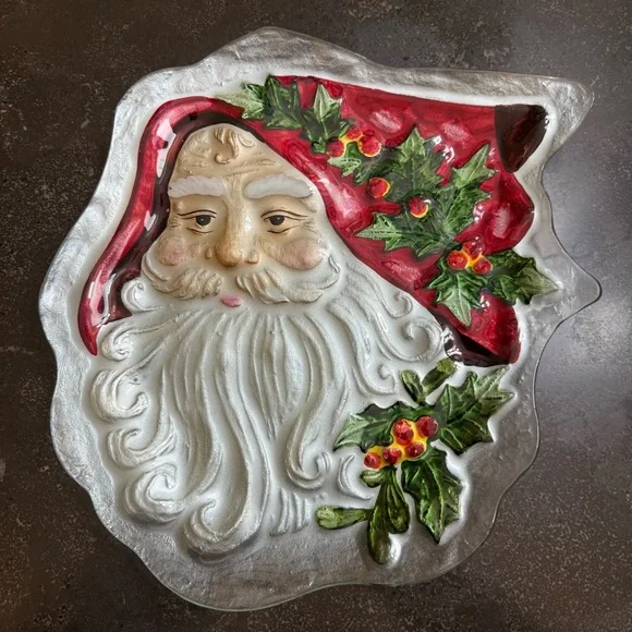 Fused Glass Santa Serving or Decorative Plate w/Red and Green Accents