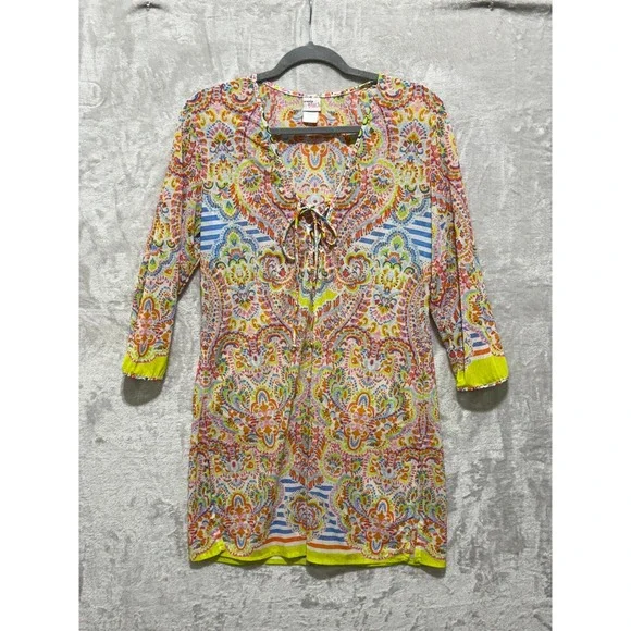 Profile Blush Cover Up M/M Multi Color Paisley V Neck Swim‎ Beach Resort