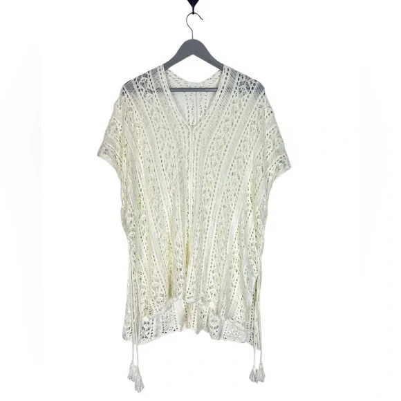Crochet cotton cover up Ivory, one size lace up sides tassels‎ boho